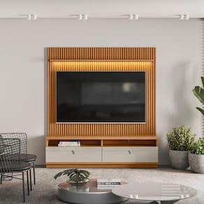 Rack com Painel para TV até 75 Polegadas com LED 2 Nichos 2 Gavetas Ouro Preto Linea Brasil Marrom/Off White