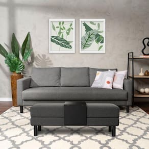 Conjunto Sofá 3 Lugares com Puff Baú 1200cm e Bandeja Antúrio CabeCasa MadeiraMadeira Grafite