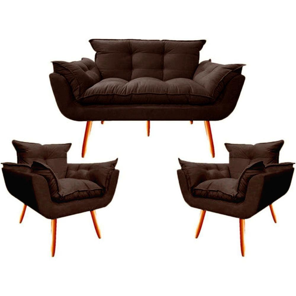 Kit Namoradeira + 02 Poltronas Decorativa para Sala de Estar Quarto Recepção Clinica Opala Jm interiores Suede Marrom