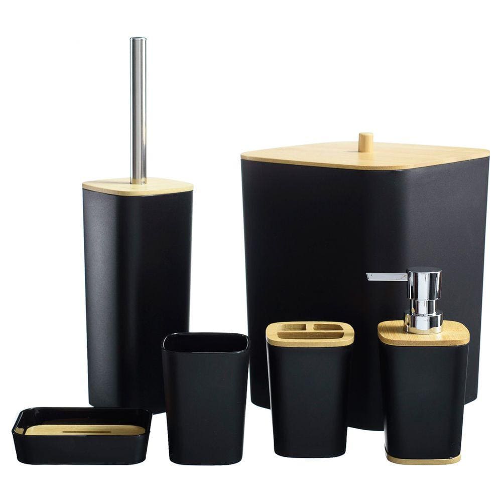 Kit Banheiro Lavabo Escova Lixeira 6 Peças / Tampa Bambú