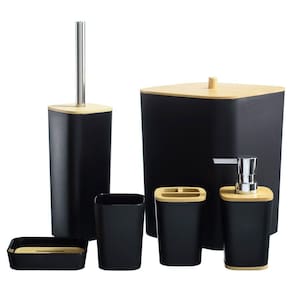Kit Banheiro Lavabo Escova Lixeira 6 Peças / Tampa Bambú