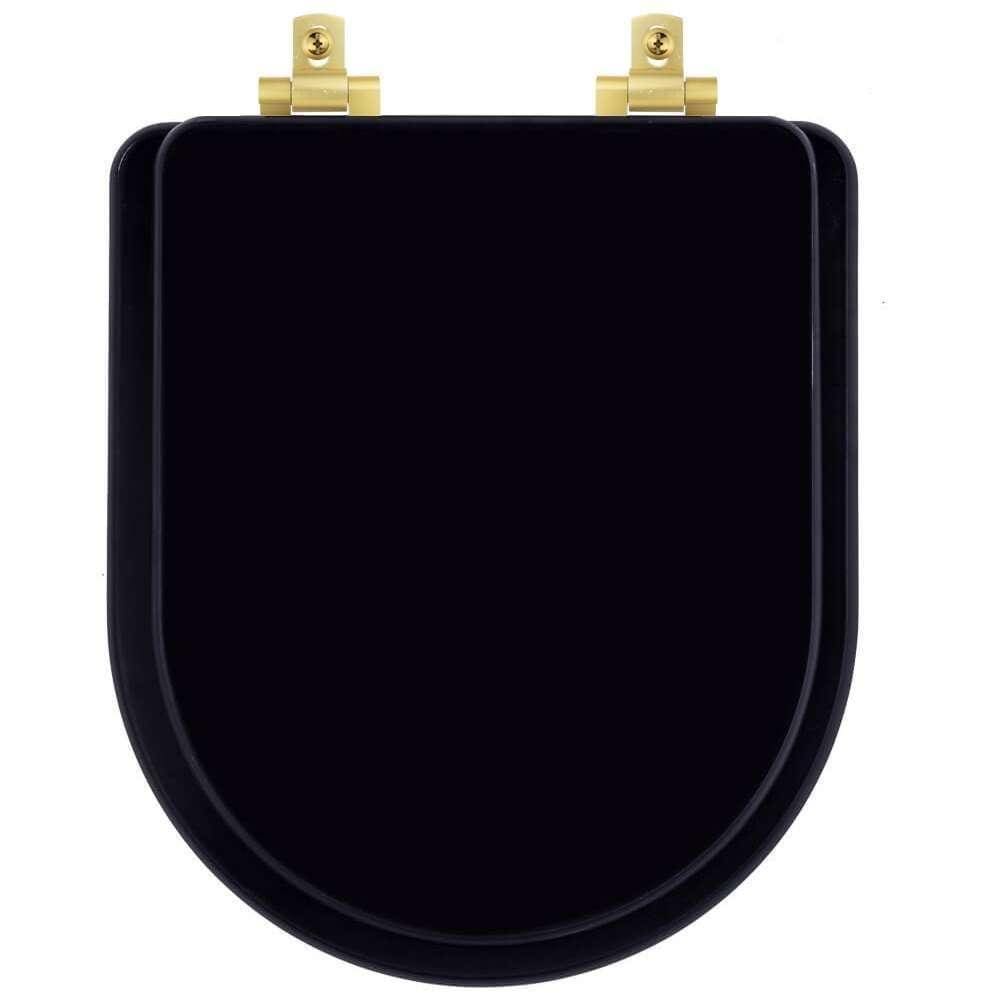 Assento Sanitário Mdf Soft Close Level Preto Para Vaso Deca Com Ferragem Dourada