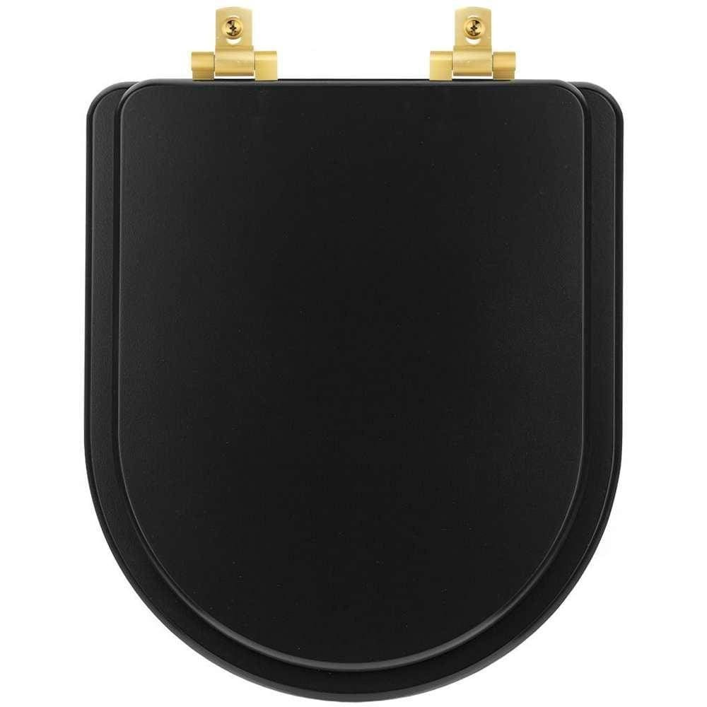Assento Sanitário Mdf Soft Close Level Preto Fosco Para Vaso Deca Com Ferragem Dourada
