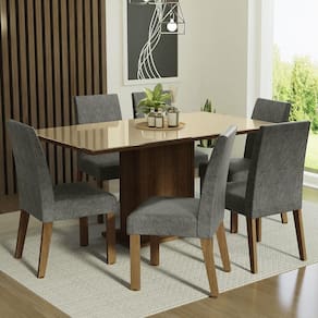 Conjunto Sala de Jantar Mesa Tampo de Vidro 6 Cadeiras Rustic/Crema/Silver Alexis Madesa