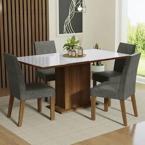 Conjunto Sala de Jantar Mesa Tampo de Vidro 4 Cadeiras Rustic/Branco/Silver Avril Madesa