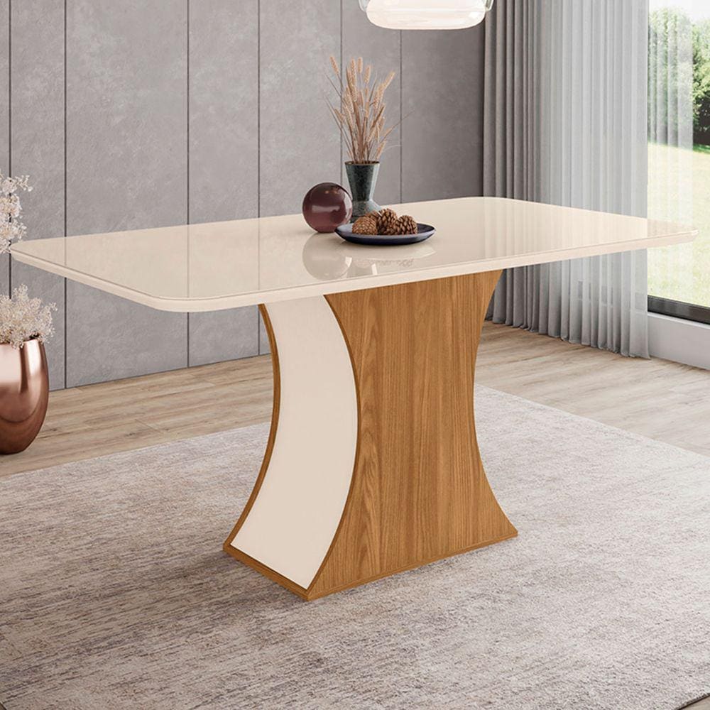 Mesa De Madeira Selena Com Vidro Nature/off White Sci15 - Henn