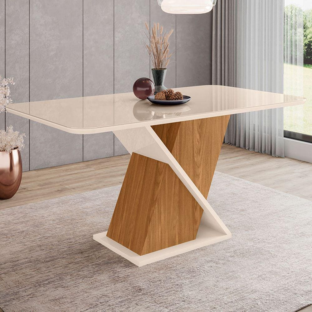 Mesa De Madeira Fiorella Com Vidro Natural/off White Sci27 - Henn