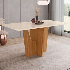 Mesa De Madeira Danielly Com Vidro Nature/off White Sci35 - Henn