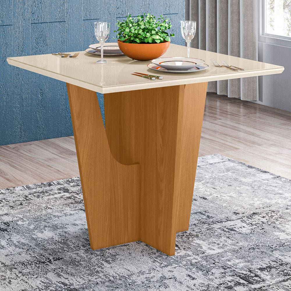 Mesa De Madeira Danielly Com Vidro Nature/off White - Henn