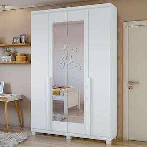 Guarda-roupa Solteiro Alonzo 4 Portas 2 Gavetas Com Espelho 100% Mdf Branco - Móveis Lopas
