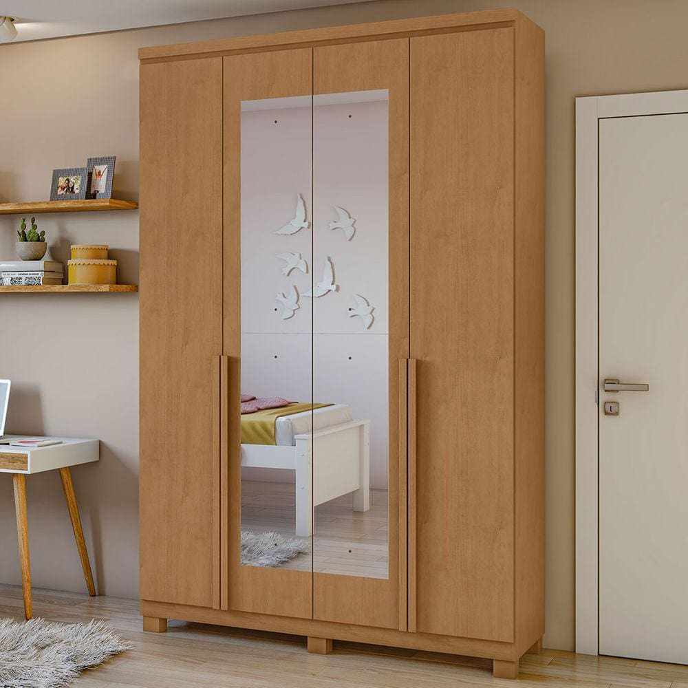 Guarda-roupa Solteiro Alonzo 4 Portas 2 Gavetas Com Espelho 100% Mdf Amêndoa Clean - Móveis Lopas