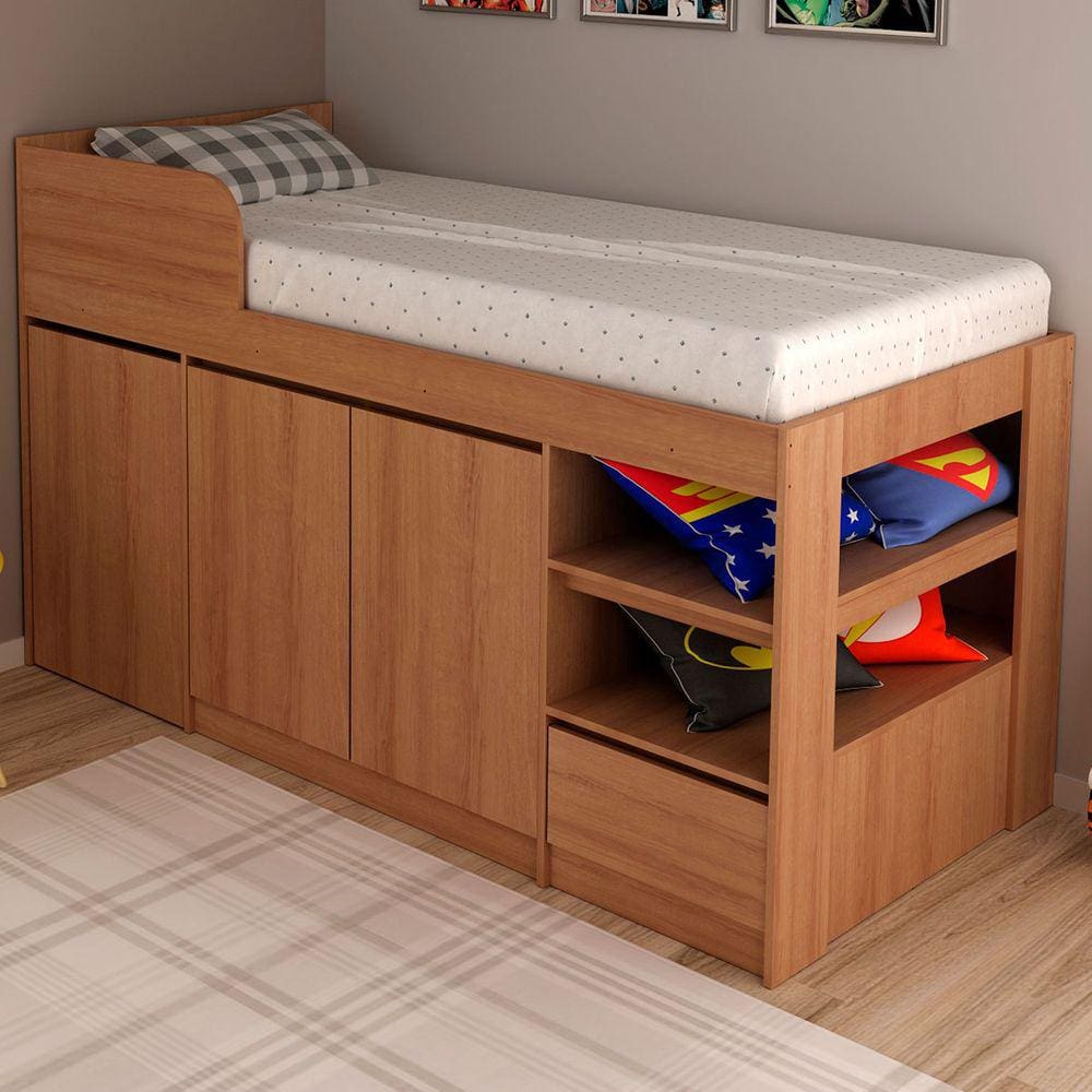 Cama Infantil Multifuncional 2 Portas Com Escrivaninha Amêndoa - Tecno Mobili