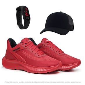 Tenis Masculino Para Caminhada Academia Vermelho Com Relógio e Boné