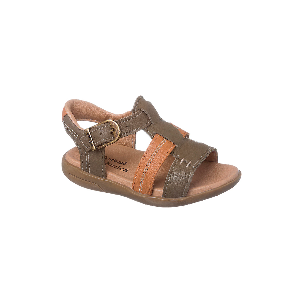 Sandália Infantil Masculina Ortopé Autêntica Couro Verde Pesto e Caramelo