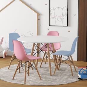 Conjunto De Mesa Madeira Infantil Redondo Branco 2 Cadeiras Azul E 2 Rosa