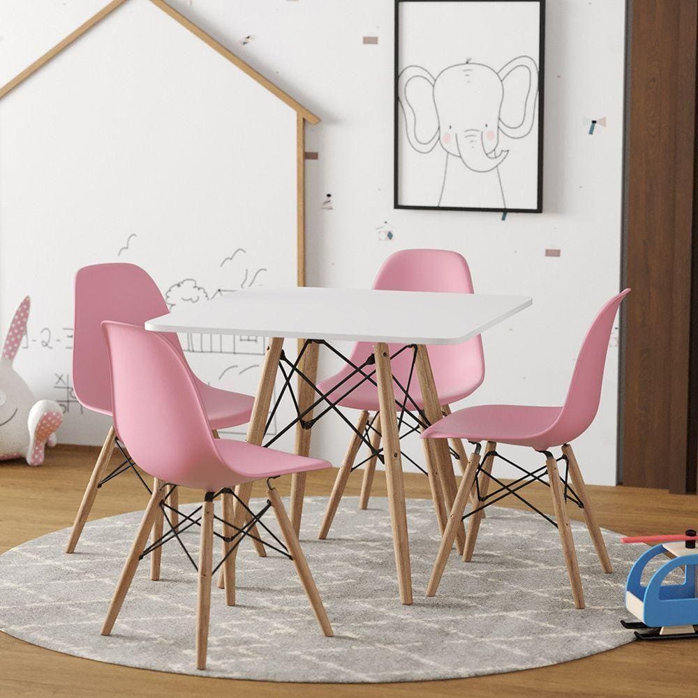 Conjunto De Mesa Madeira Infantil Quadrado Branco 4 Cadeiras Rosa
