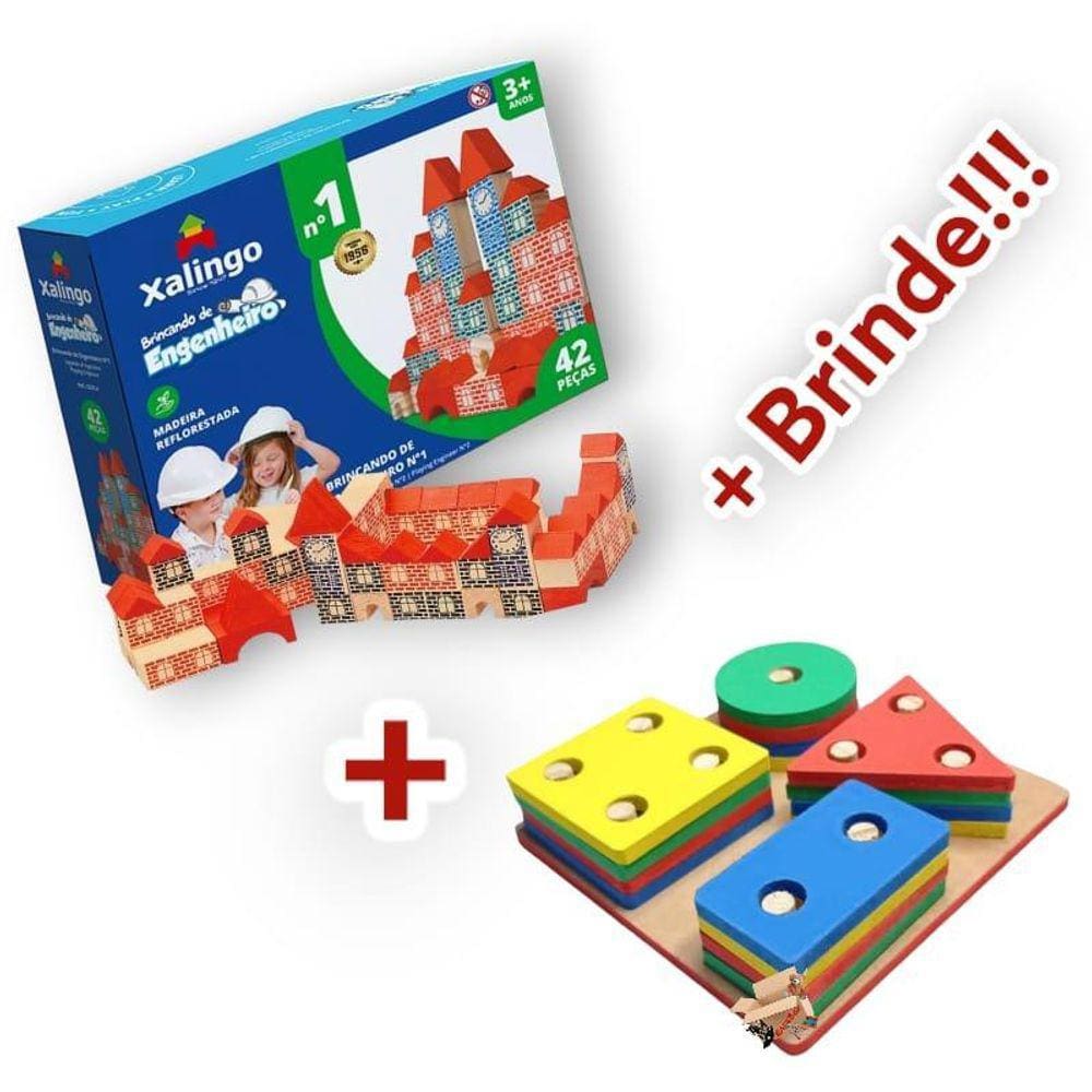Kit Blocos Engenheiro + Brinquedo Pedagógico Madeira + Brind