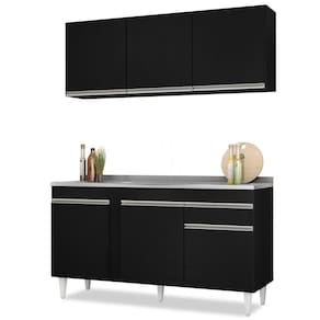 Armário Aéreo Argélia e Balcão Gabinete com Pia Inox 150cm Dakota Preto - Lumil