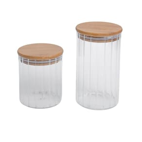 Kit 2 potes vidro herméticos para mantimentos canelado com tampa de bambu - Oikos