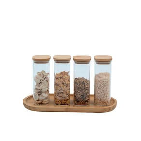 Kit 4 potes de vidro herméticos com tampa de bambu quadrados 250ml e bandeja de bambu 34cm - Oikos
