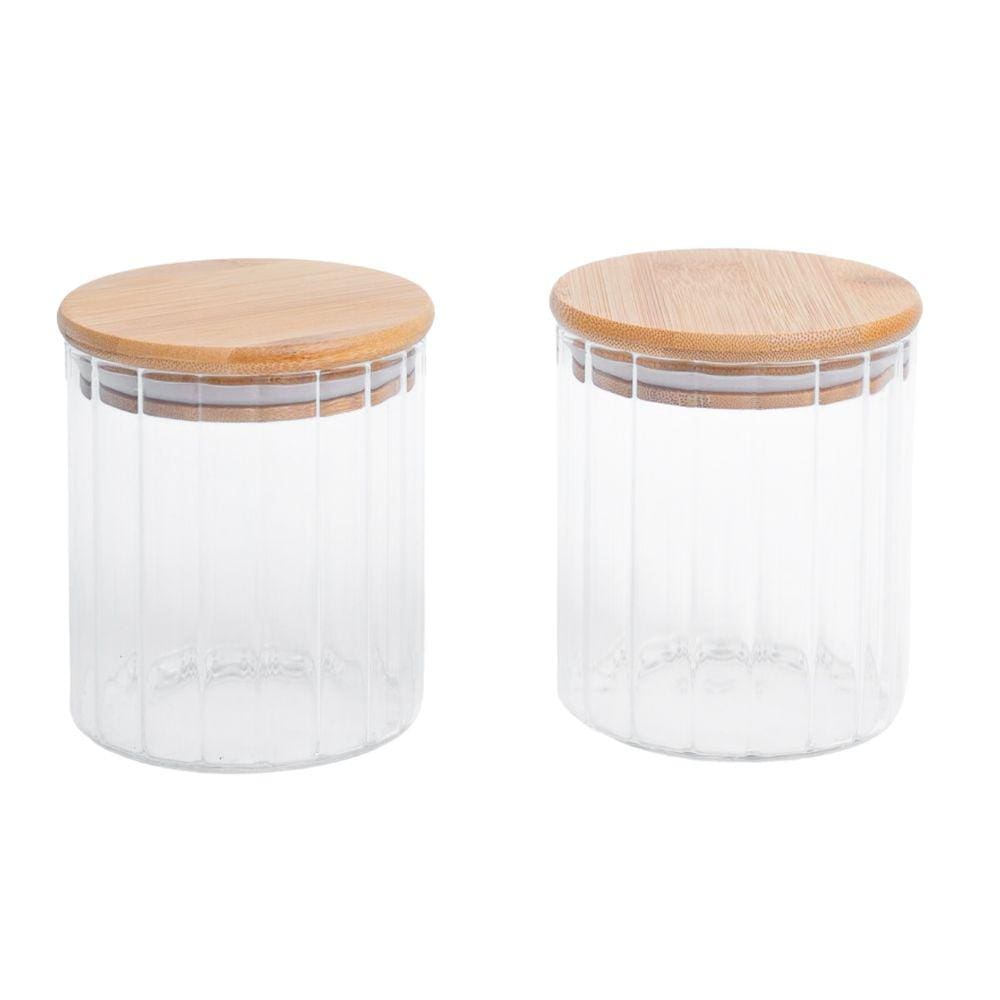 Kit 2 potes vidro canelado com tampa de bambu 500ml - Oikos