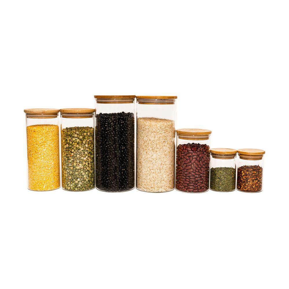 Potes De Vidro P/ Mantimentos C/ Tampa Bambu Oikos - 7 Pçs