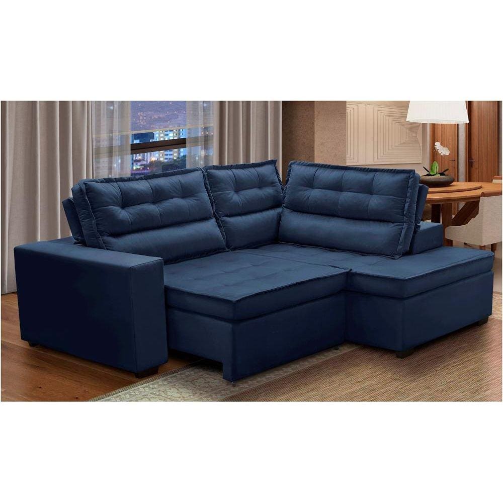Sofá de Canto Retrátil e Reclinável com Molas 2,50x2,00 Virginia Suede Azul Adonai Estofados