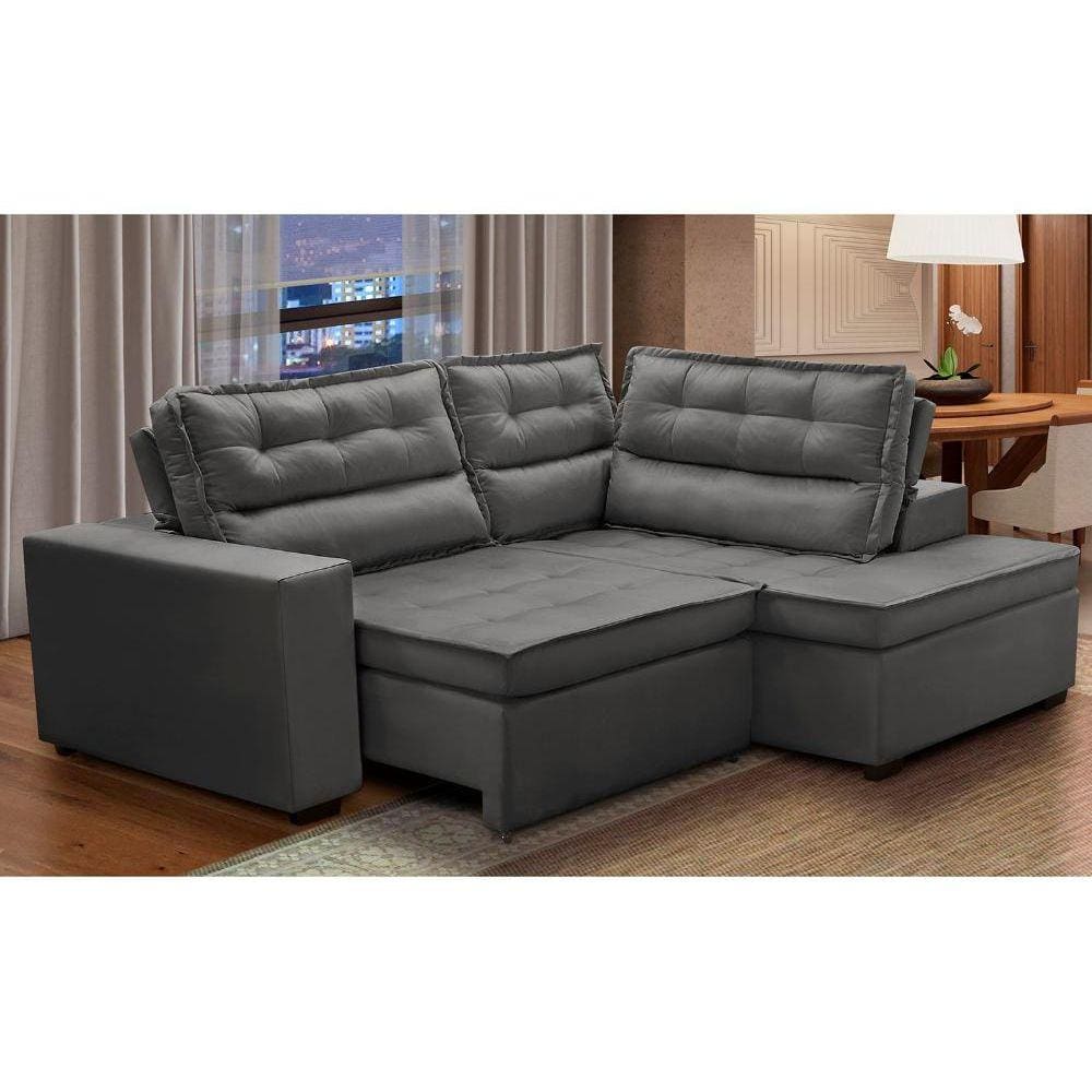 Sofá de Canto Retrátil e Reclinável com Molas 2,50x2,00 Virginia Suede Cinza Adonai Estofados