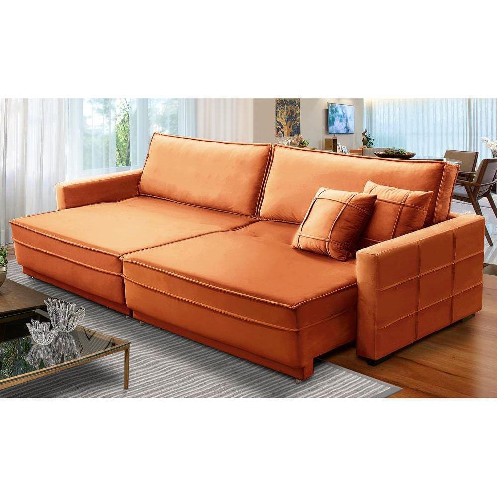 Sofá Cama Retrátil e Reclinável 2,10m com Molas Karen Veludo Terracota Adonai Estofados