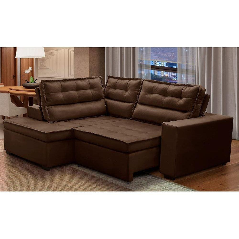 Sofá de Canto Retrátil e Reclinável com Molas 2,50x2,00 Esq Virginia Suede Marrom Adonai Estofados