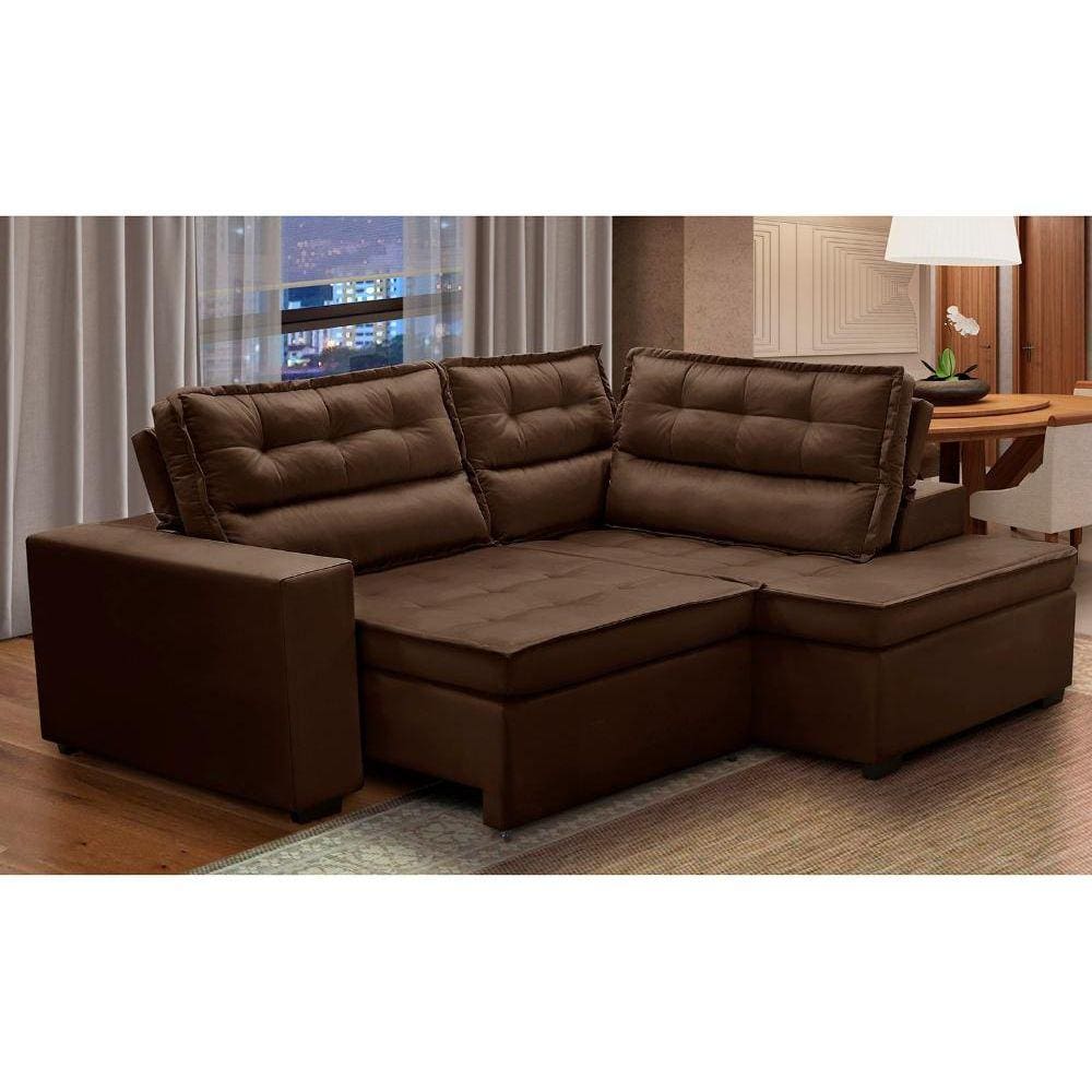 Sofá de Canto Retrátil e Reclinável com Molas 2,50x2,00 Virginia Suede Marrom Adonai Estofados