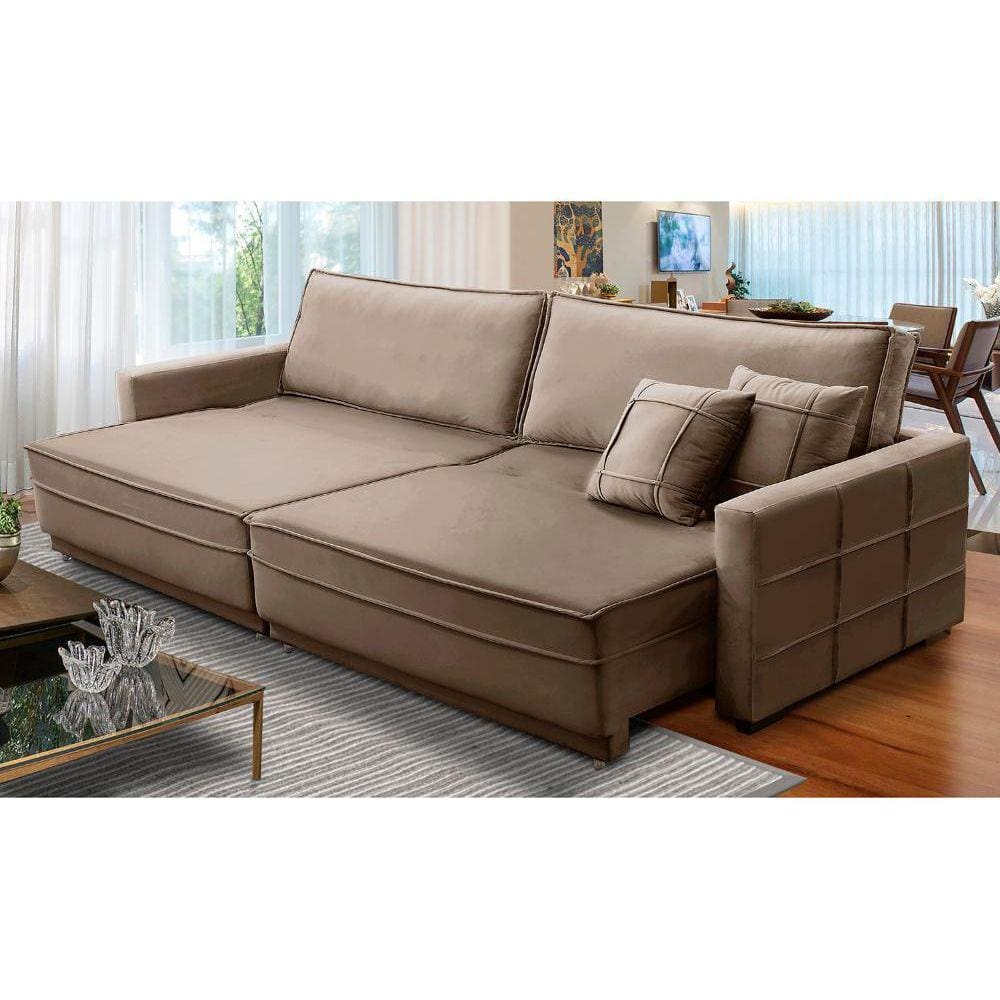 Sofá Cama Retrátil e Reclinável 2,50m com Molas Karen Veludo Cappuccino Adonai Estofados