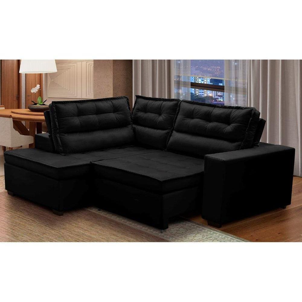 Sofá de Canto Retrátil e Reclinável com Molas 2,50x2,00 Esq Virginia Suede Preto Adonai Estofados