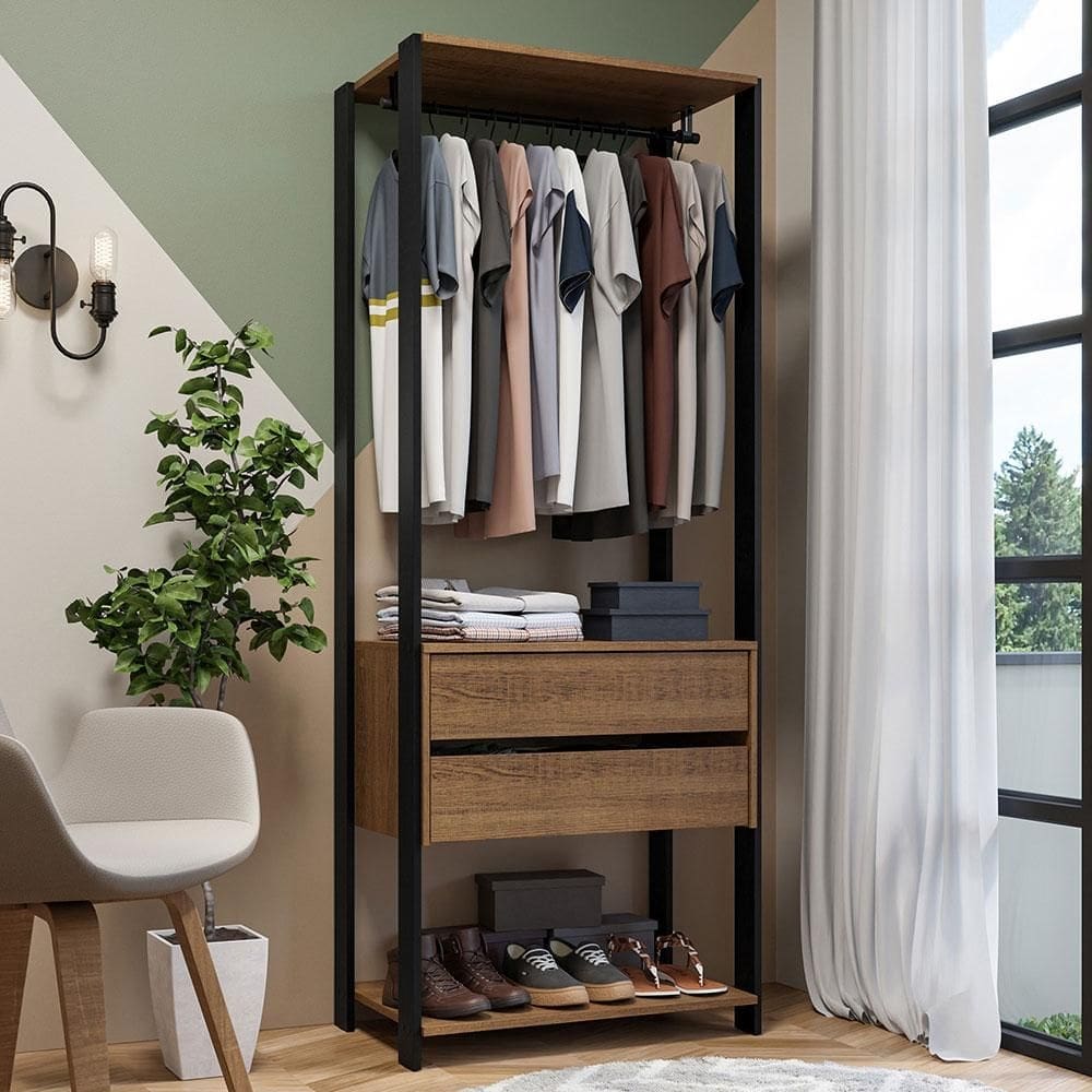 Closet Aberto Guarda-Roupa 2 Gavetas 70cm Rustic/Preto Madesa