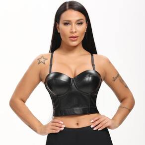 Cropped Top Blusa Couro Lycra Bojo Alça Linha Fashion Preto M257
