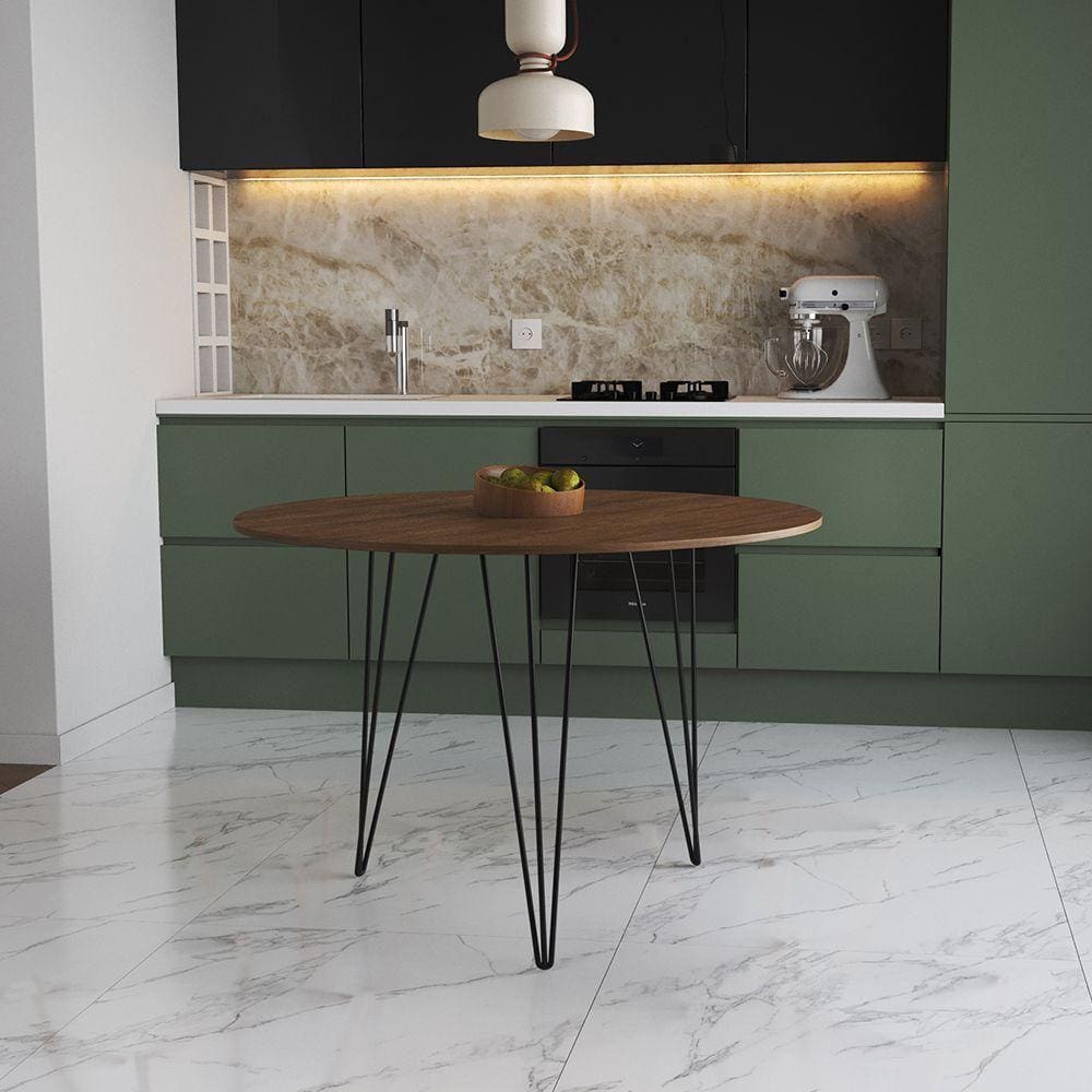 Mesa De Jantar Redonda 90Cm Amêndoa Clips 3 Pés Ferro Preto