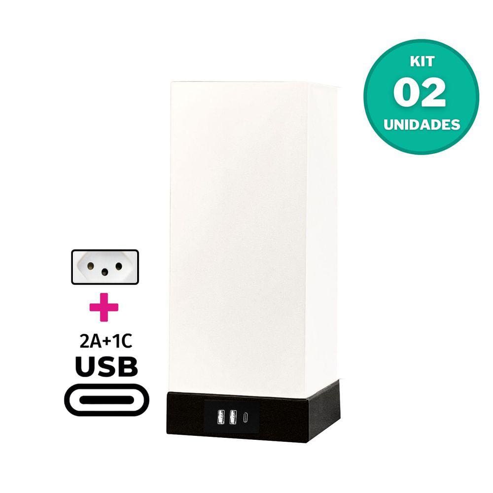 Kit c/ 2 - Luminária USB TRIO MINI, HUB c/ 3 portas carga rápida 17W (2 A + 1 USB C) + tomada extra