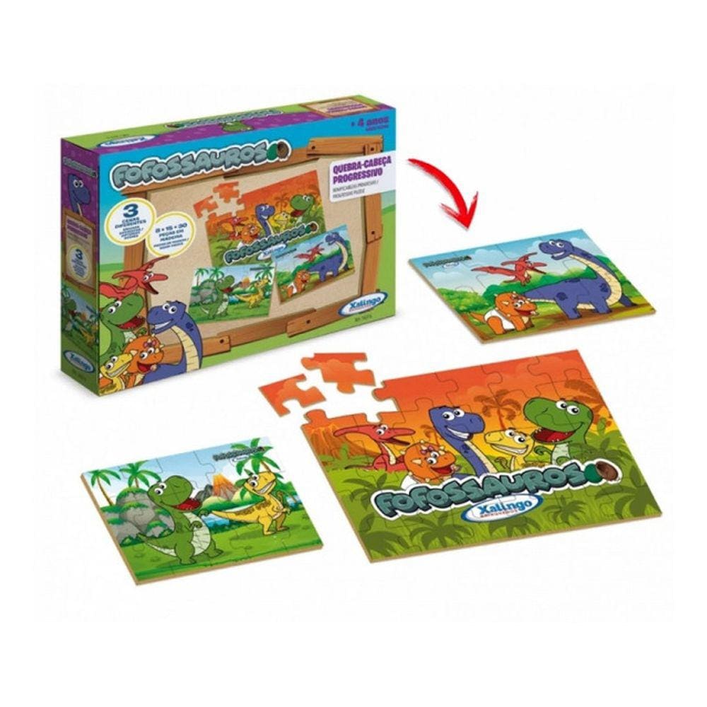 Quebra Cabeça Progressivo Fofossauros Dinossauro 3 Cenas Mdf