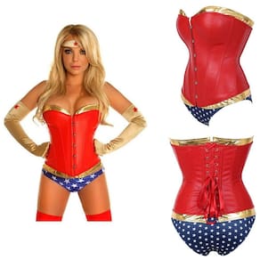 Corpete Corset Corselet Cinta Redutora Mulher Maravilha Couro Vermelho M439
