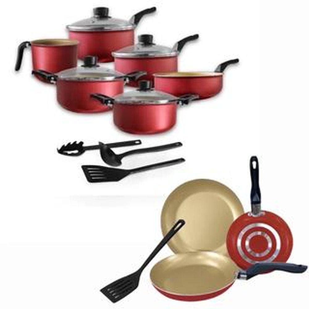 Conjunto de Panelas 13 peças CEREJA Antiaderente com Tampa de Vidro + Utensílios