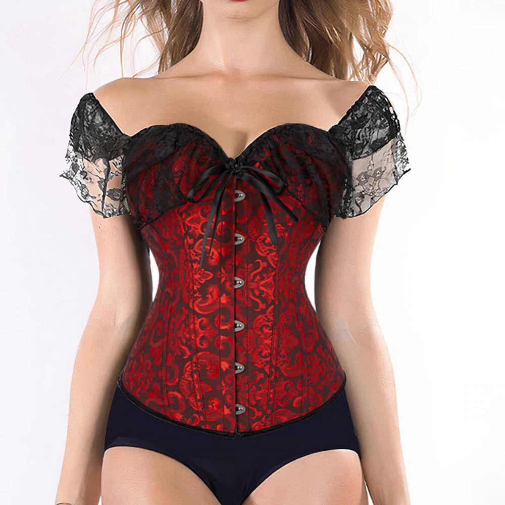 Corset Corselet Blusa Modeladora Manga Curta Renda Floral Linha Casual Vermelho Escuro M613
