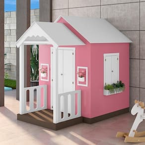 Casinha De Brinquedo Artesanal Com Varanda Mdf Branco/rosa L12 - Criança Feliz