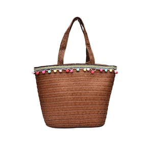 Bolsa Em Palha Com Pompons Tote Bag Pagani Pg6926 Café