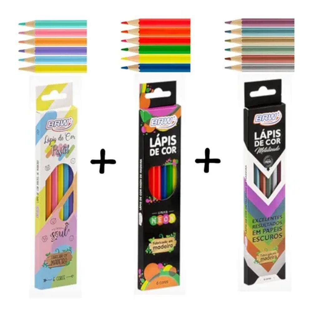 Lápis de Cor BRW - Pastel, Metalizado, Neon - 06/18 Cores  - Avulso