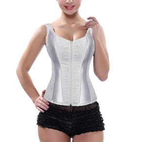 Corselet Corset Corpete Realça Cintura Alça e Zíper Frontal Linha Fashion Branco M623