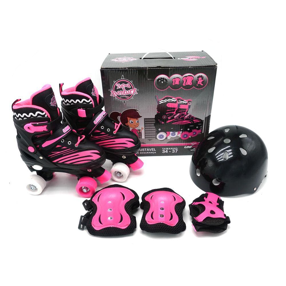 Patins para criança 4 rodas Uni Toys esporte Preto com rosa modelo 1791 UniToys