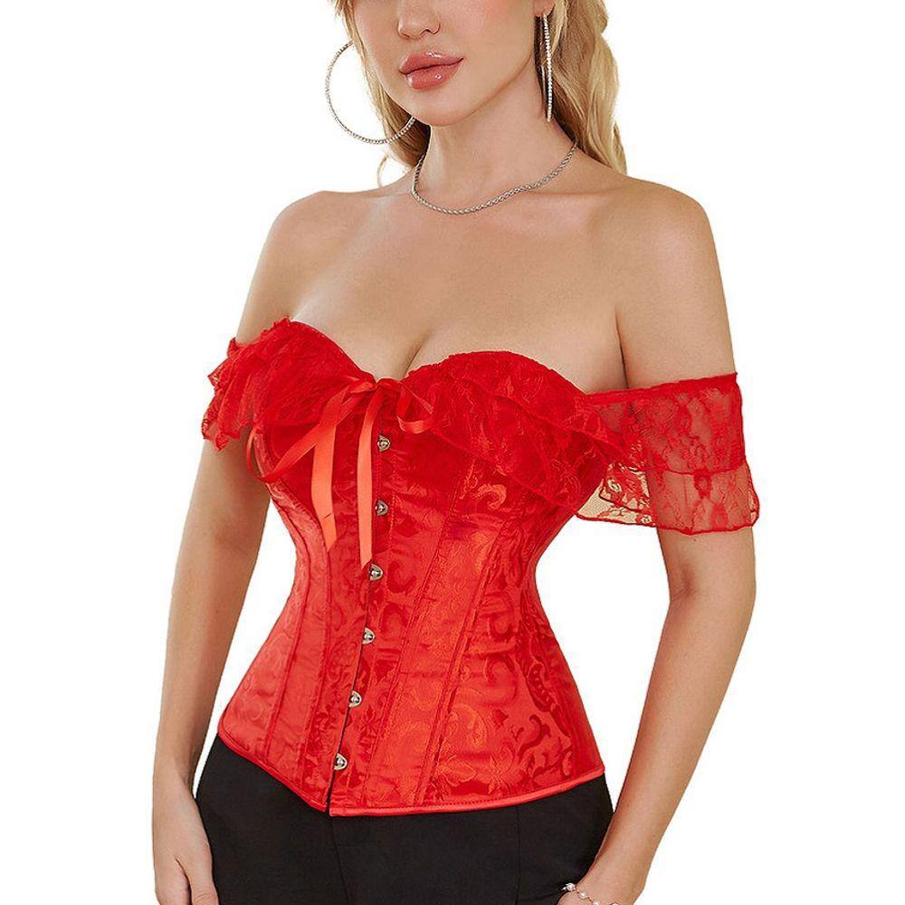 Corset Corselet Blusa Modeladora Manga Curta Renda Floral Linha Casual Vermelho M696