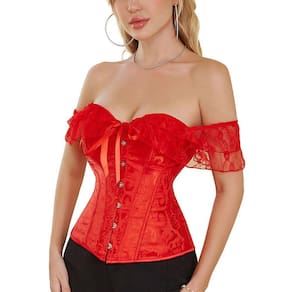 Corset Corselet Blusa Modeladora Manga Curta Renda Floral Linha Casual Vermelho M696