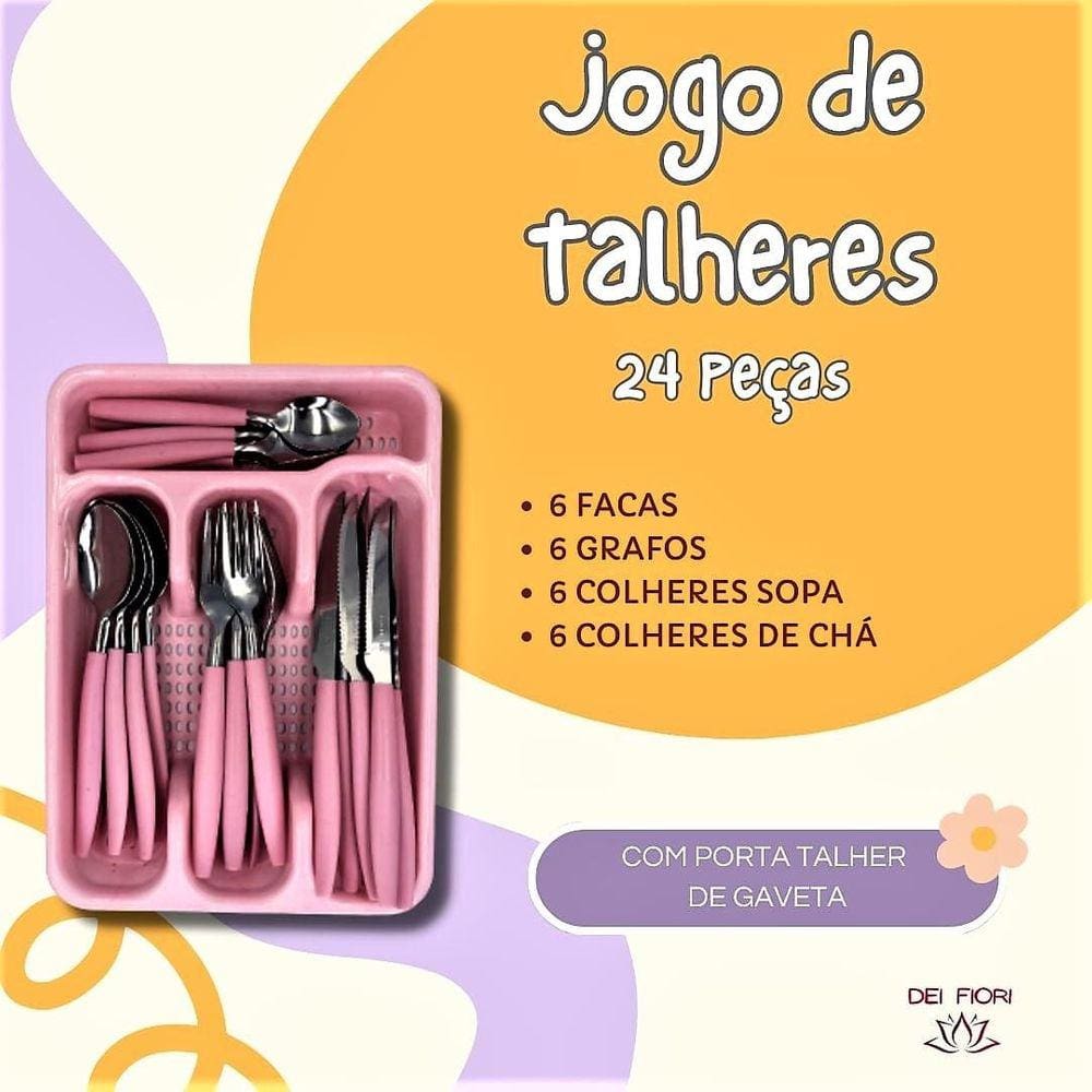Jogo Talheres 24 Peças Aço Inox Cabo Plástico C/ Organizador