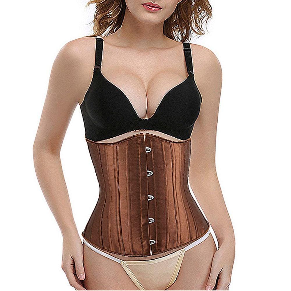 Corset Corselet Cinta Modeladora Redutora Underbust Acetinado Barbatana Aço Marrom M669